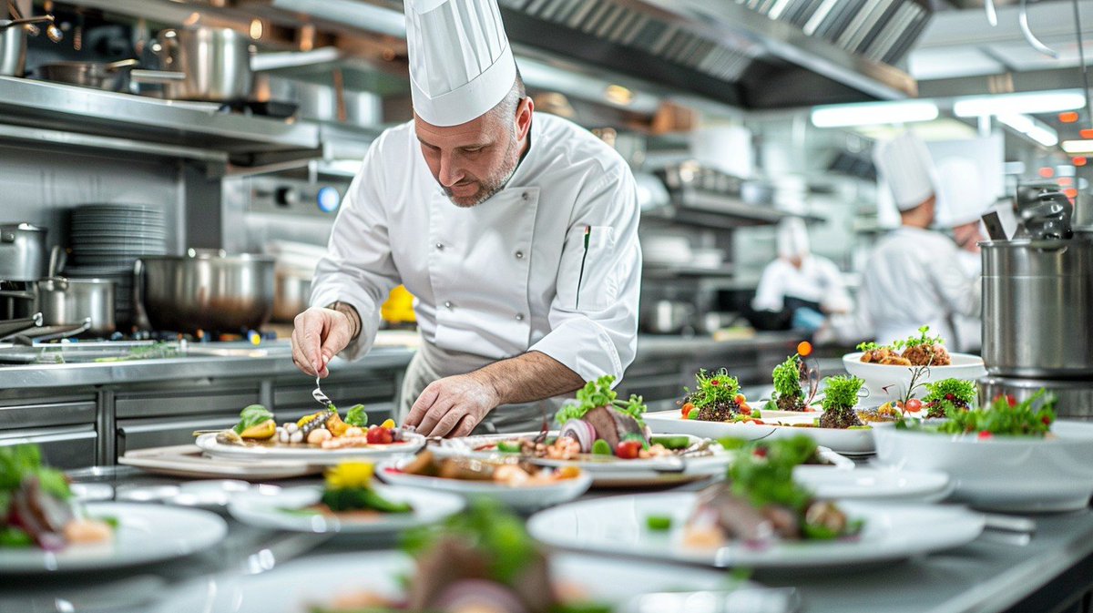 stockcake_com's tweet image. Chef Plating Dish: Focused chef garnishing a plate with precision in a professional kitchen surrounded by culinary activity. #chef #plating #dish #kitchen #gourmet #aiart #aiphoto #stockcake ⬇️ Download and 📝 Prompt 👉 stockcake.com/i/chef-plating…