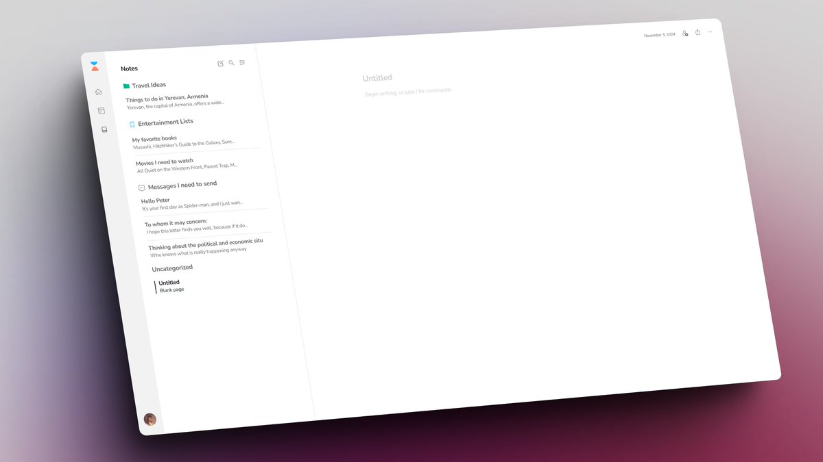 novelidas's tweet photo. The cleanest notes experience, coming to Flexibly later this year; can't wait to show off the AI auto-categorization and search ✨ https://t.co/a7hqDEgRco