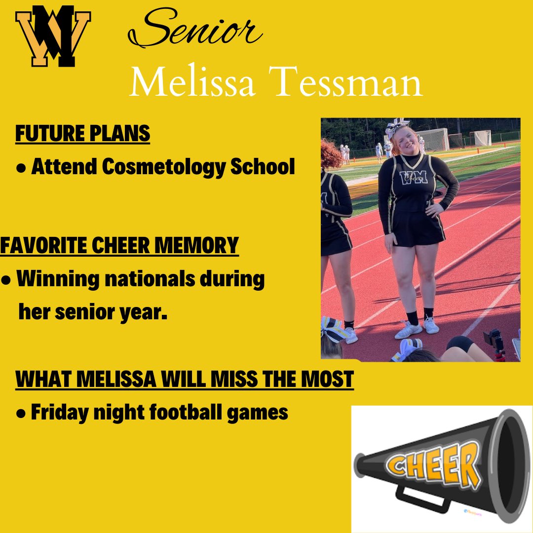 WM_Cheer's tweet image. ⭐️Senior Spotlight⭐️ Melissa Tessman🖤🎀💛 Congratulations Melissa and good luck with your future! Thank you for your years of dedication to the WMHS Cheer Program!