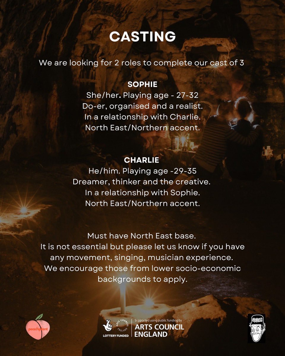 lucymariecurry's tweet photo. WE ARE CASTING ✨

SOPHIE - 
She/her 
Playing age 27-32
Doer, organiser and a realist. 
In a relationship with Charlie. 

CHARLIE 
He/him 
Playing age 29-35
Dreamer, thinker and creative 
In a relationship with Sophie 

Both roles require genuine North East/Northern accents. https://t.co/sE5jLlQokY