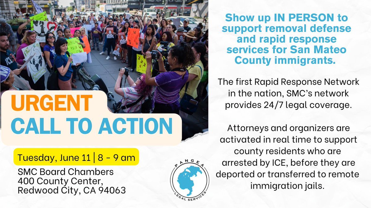 Despite increasing ICE arrests, the San Mateo County Board of Supervisors is considering cutting funding for Rapid Response Network and removal defense services. Join us on 6/11 for a press conference urging supervisors to not cut funding!