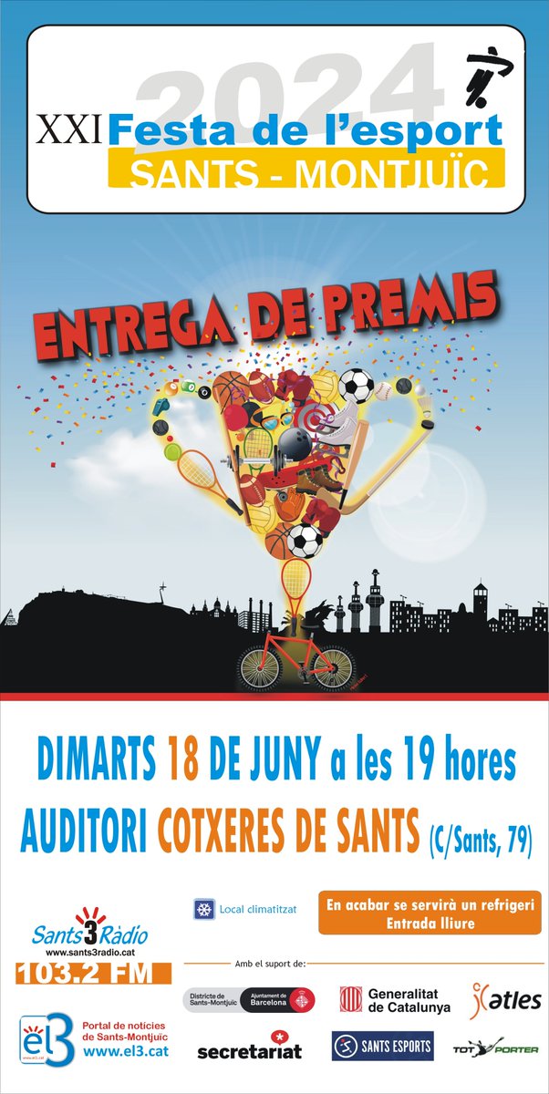 Reserveu agendes per la 21a #Festa de l'#Esport de #SantsMontjuïc ! ⚽⚾🏀🏈🏊🏓

Un any més volem reconèixer la tasca de les entitats i esportistes dels nostres barris.🏅🏆

📅Dimarts 18 de juny
🕗7 del vespre
🏫Cotxeres de Sants

Us hi esperem👇