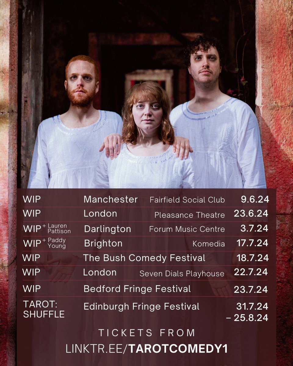 Dig out your cleanest nightie and come join us for a string of grubby work-in-progress shows as we prepare for a deliciously grueling month at <a href="/edfringe/">Edinburgh Festival Fringe</a>. It's really the least you can do. linktr.ee/tarotcomedy1