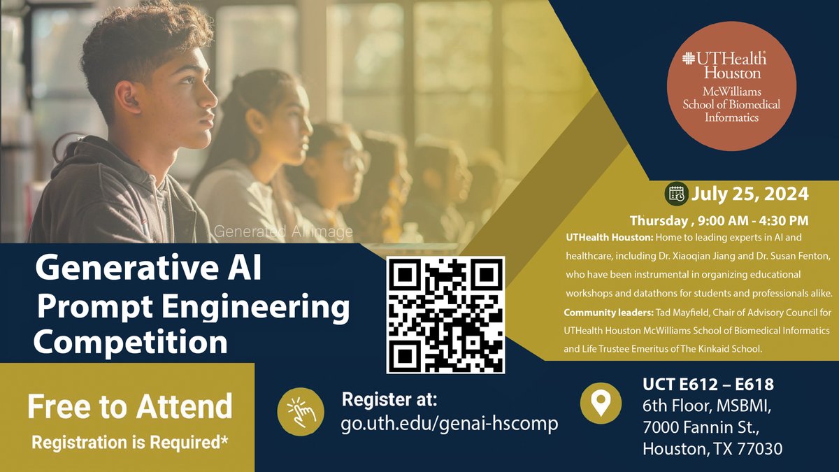 McWilliamsSBMI's tweet photo. Generative AI Prompt Engineering Competition
Date: July 25, 2024, Thursday
Time: 9:00 am - 4:30 pm
Located: UCT E612 – E618
6th Floor, MSBMI
https://t.co/QbR77CBIOC
#MyUTHealth #MSBMI #McWilliamsSBMI #genai https://t.co/qyd8nSNqvu