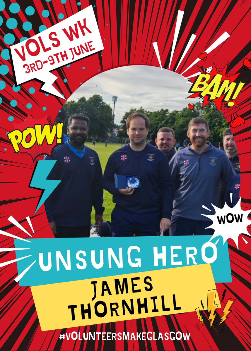 Our final #UnsungHero of Friday is known for his ‘boundless energy’ for #Cricket. James of <a href="/hillheadcc/">HILLHEAD CRICKET</a> is involved in coaching, matches &amp; is inspiring other volunteers to get involved. <a href="/HillheadSports/">Hillhead Sports Club</a> <a href="/CricketScotland/">Cricket Scotland</a>

Thank You James!

#VolunteersWeekScot #VolunteersMakeGlasgow