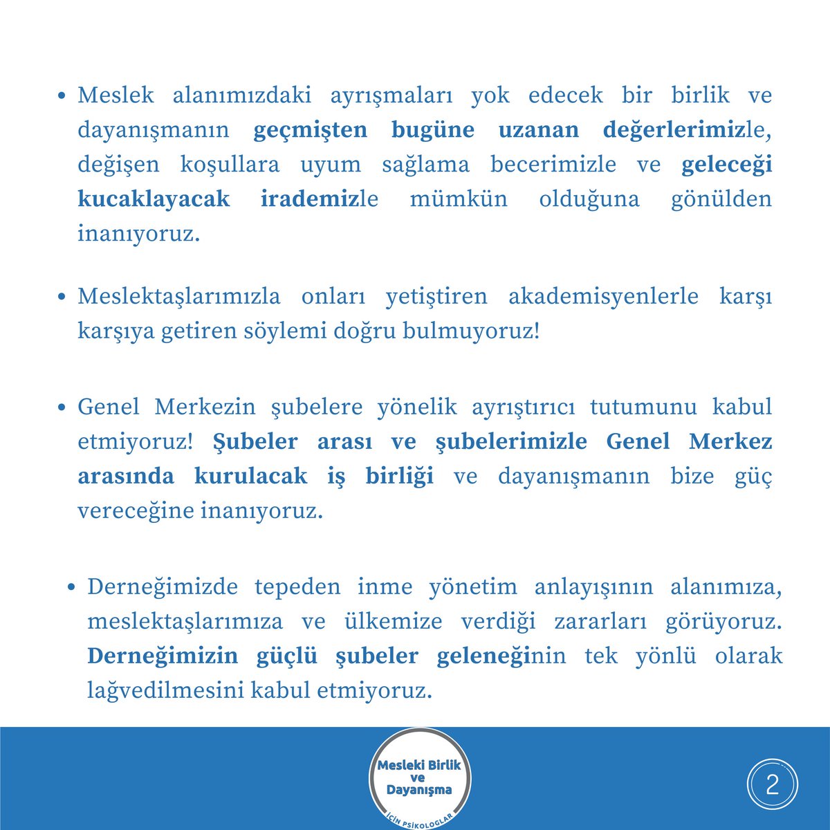 Psk_dayanismasi's tweet photo. Türk Psikologlar Derneği 34. Olağan Genel Kurulunda ‘Mesleki Birlik ve Dayanışma’ için öne çıkan psikologlar olarak ilkelerimiz;

#meslekibirlikvedayanışmaiçinpsikologlar #adayız https://t.co/38fXPiKL4n