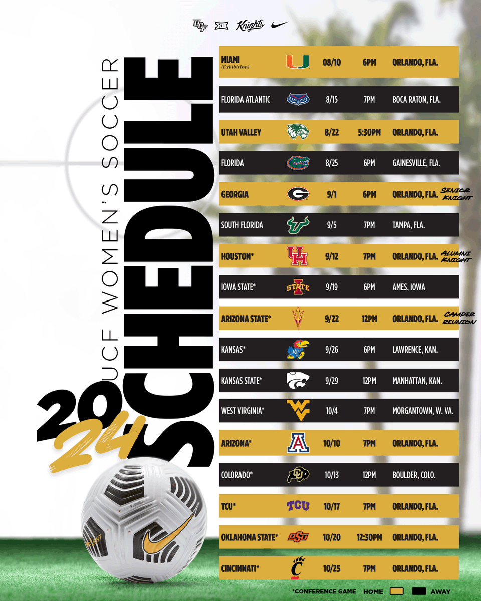 UCF_WSoccer's tweet photo. Our full 2024 schedule is officially here!

See you so soon, Knight Nation 🤩 https://t.co/BMawfI8krM