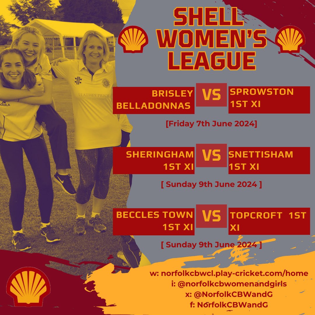 NorfolkCBWandG's tweet photo. 🏏 FIXTURES: Shell Women's League 🏏
Tonight
▪️ @Belladonnas_LCT v @SprowstonCC
Sunday
▪️ @SheringhamCC1 v @snettishamcc
▪️ @BecclesTownCC v @topcroftccwg
#WomensCricket #WeGotGame #ShellLeague #NorfolkCricket https://t.co/NZ22T21O6g