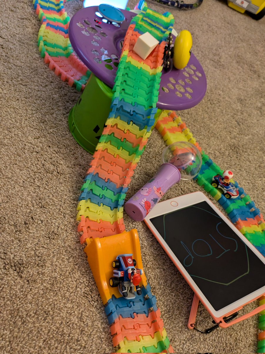 Accidentally built Rainbow Road with my kid. There's a Bluetooth speaker in the middle of the track looping all the Mario Kart songs &amp; she's dancing to it like it's the most 🔥 playlist ever....which it is.