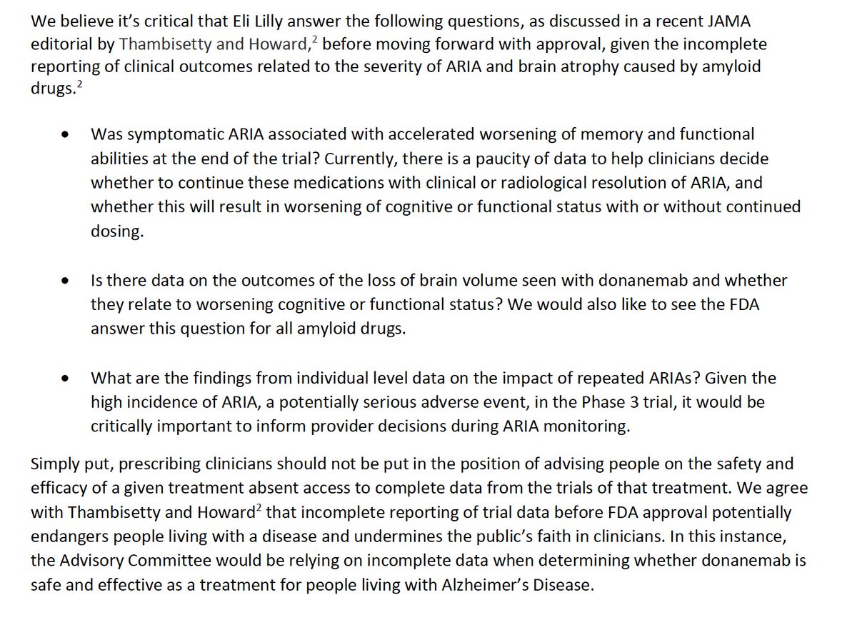 The <a href="/AmerGeriatrics/">American Geriatrics Society</a> letter to the FDA advisory committee pushes to get full reporting on the clinical outcomes related to the severity of ARIA and brain atrophy caused by amyloid antibodies that <a href="/MadhavThambiset/">Madhav Thambisetty</a> and <a href="/ProfRobHoward/">Robert Howard</a> initially pose in their excellent JAMA article.