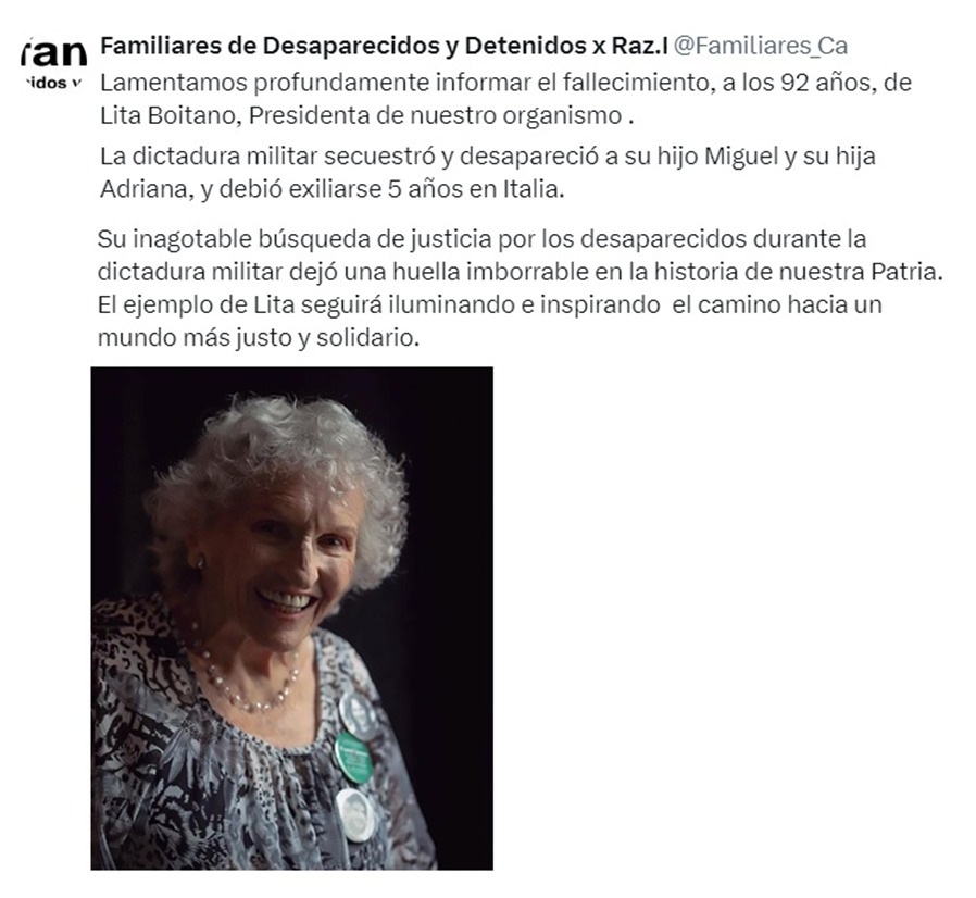 Se nos fue la sonrisa de la militancia y los derechos humanos. ¡HASTA SIEMPRE COMPAÑERA LITA BOITANO! ❤️✌🏻