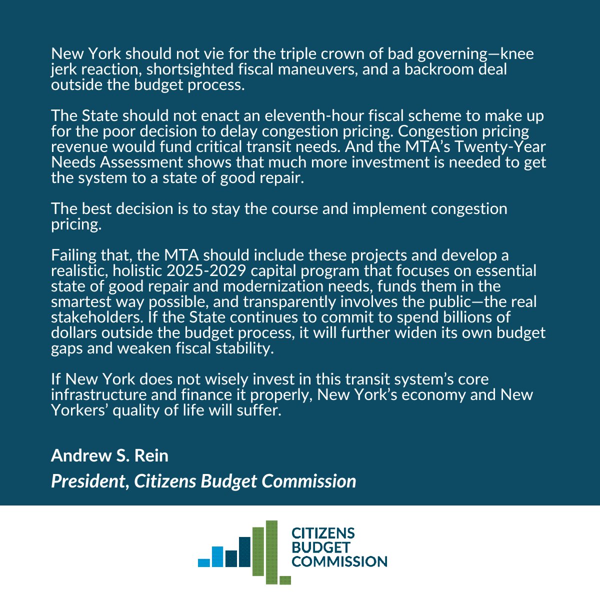 Statement from <a href="/andrewsrein/">Andrew Rein</a> on congestion pricing and funding discussions in Albany:
