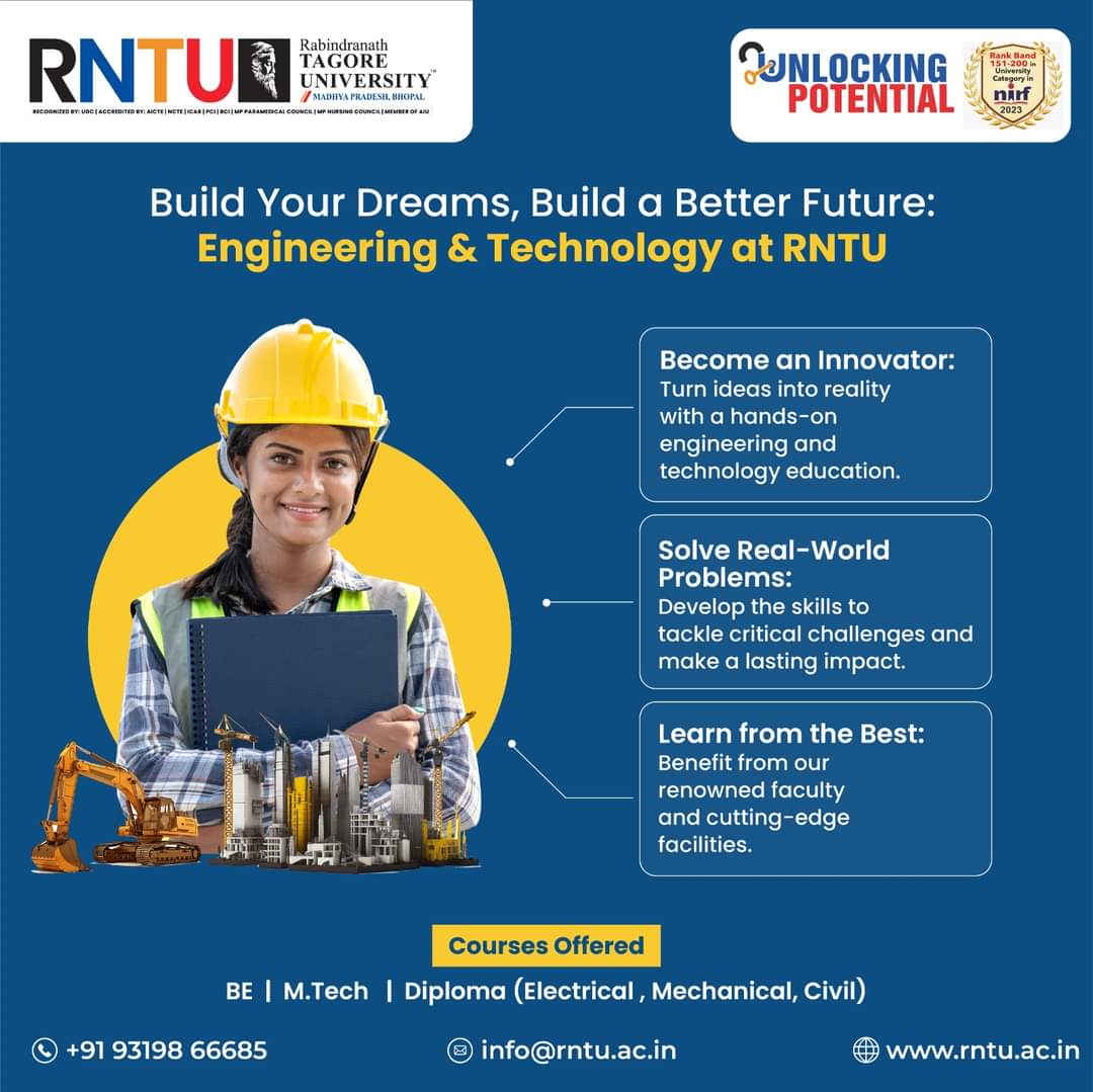 RNTUnivBhopal's tweet image. Build your dreams, build a better future with Engineering &amp;amp; Technology at RNTU. Become an innovator, turning ideas into reality through hands-on education. Solve real-world problems, making a lasting impact with your skills. 

#EngineeringExcellence #TechnologyEducation