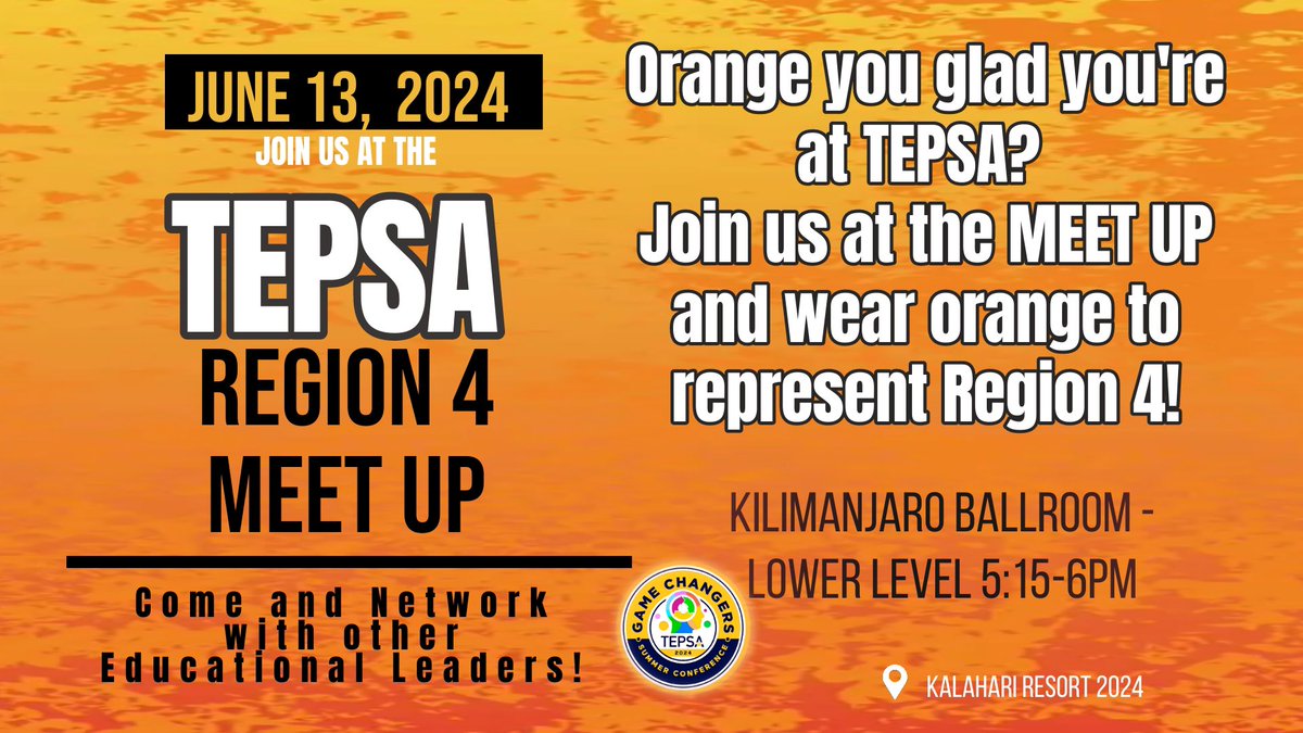 Hey Region 4 members! Join us for an exciting TEPSA meet-up next week. Let's connect, share, and grow together. Don't miss out! #WeLeadTx #onthe4front 
<a href="/TEPSAtalk/">TEPSA</a> <a href="/tepsamark/">Mark Terry</a>