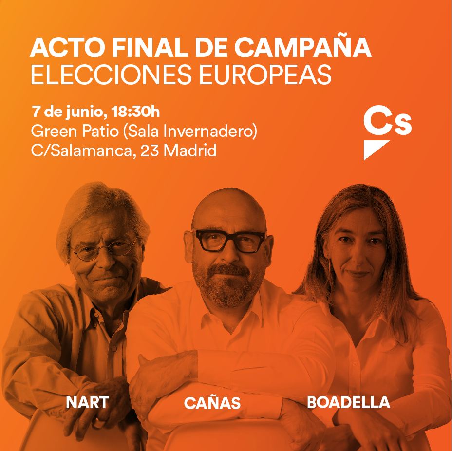 Empieza el acto final de campaña del #EquipoEspaña 🇪🇸🇪🇺

Con <a href="/jordi_canyas/">Jordi Cañas</a>, Javier Nart y <a href="/MarianaBoadella/">Mariana Boadella</a> 💪

Vale la pena votar a Ciudadanos 🧡

💻Síguelo en streaming: youtube.com/live/MPFx_rIAm…