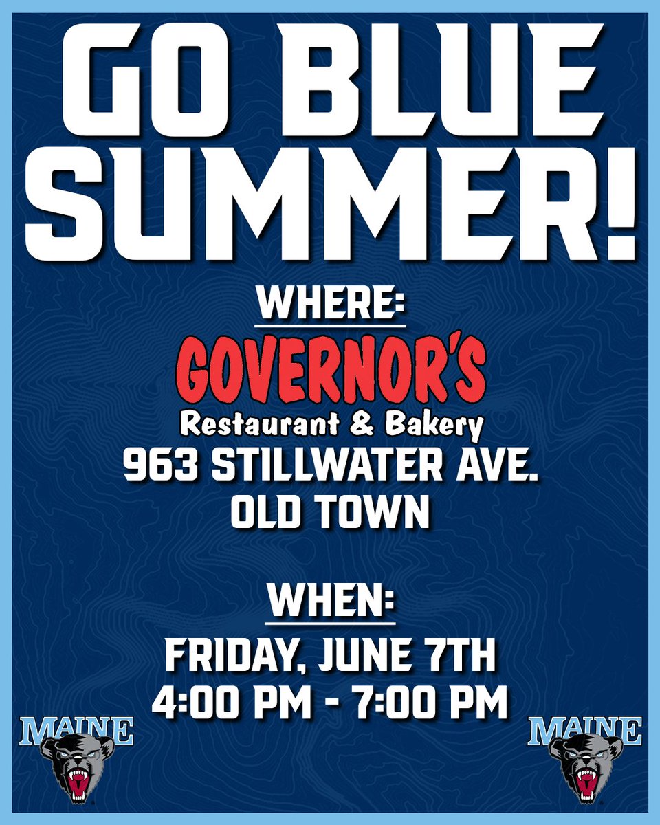 BlackBearNation's tweet image. 😎#GoBlue Summer starts today!😎

Stop by @govsrestaurant in Old Town today starting at  4pm!

Come say hello and talk @MaineIceHockey with Coach Barr from 4 - 5:30 PM!

#BlackBearNation