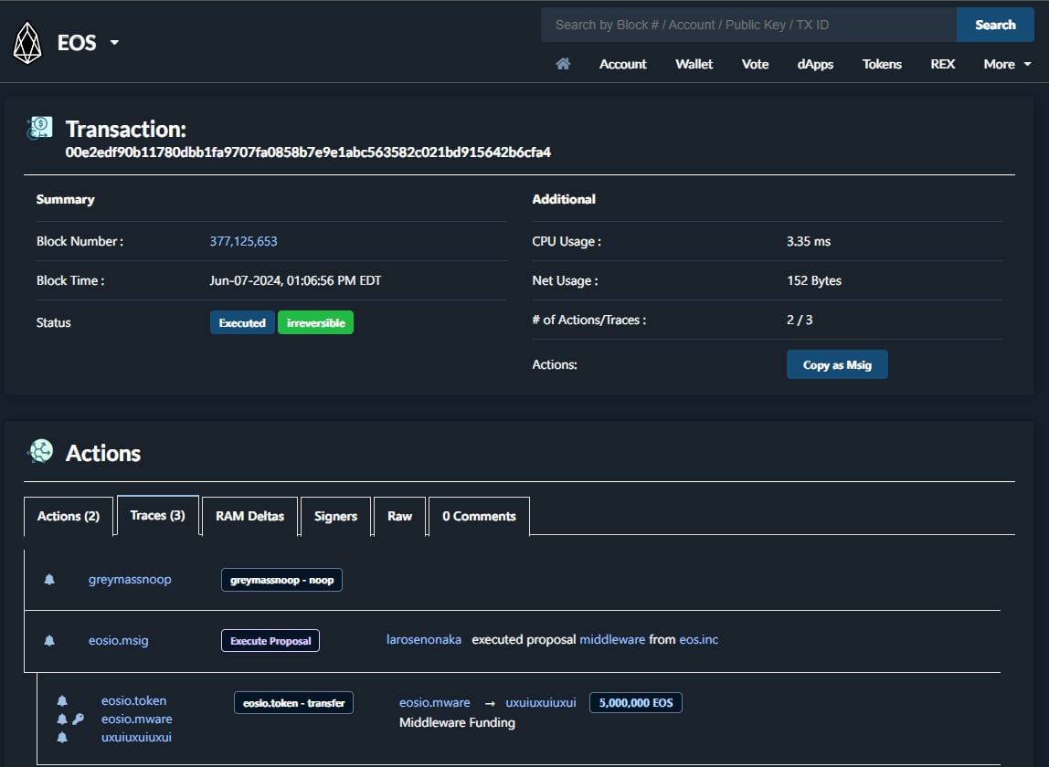 I am honoured to announce that the EOS Network has entrusted 5M $EOS from the newly created Middleware bucket to <a href="/greymass/">Greymass</a>.

This funding, following the adoption of the New Tokenomics proposal, recognizes their extraordinary contributions since the network’s inception, from the