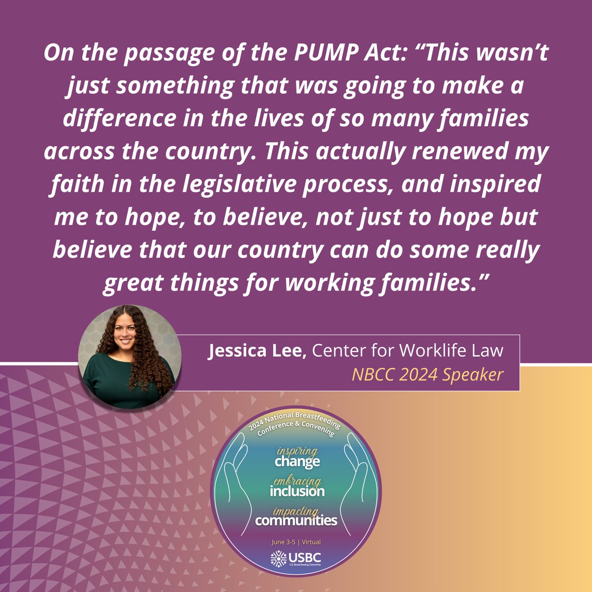 USbreastfeeding's tweet photo. Highlights from #NBCC24 #USBCconference: Jessica Lee was one of our plenary speakers in the "From Need to Law: The Journey of the PUMP Act Coalition" session. https://t.co/6M7HUbtFQP