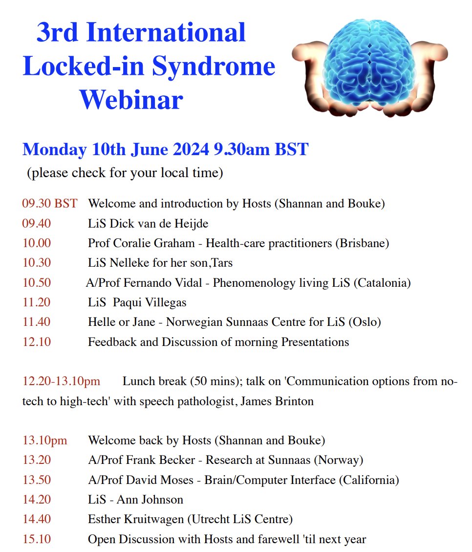 Upcoming Monday the 3rd International Locked-In Syndrome webinar will happen,  co-organized by our very own <a href="/BoukeB/">Bouke van Balen</a>. Make sure to register via online.forms.app/shannankeen/li….