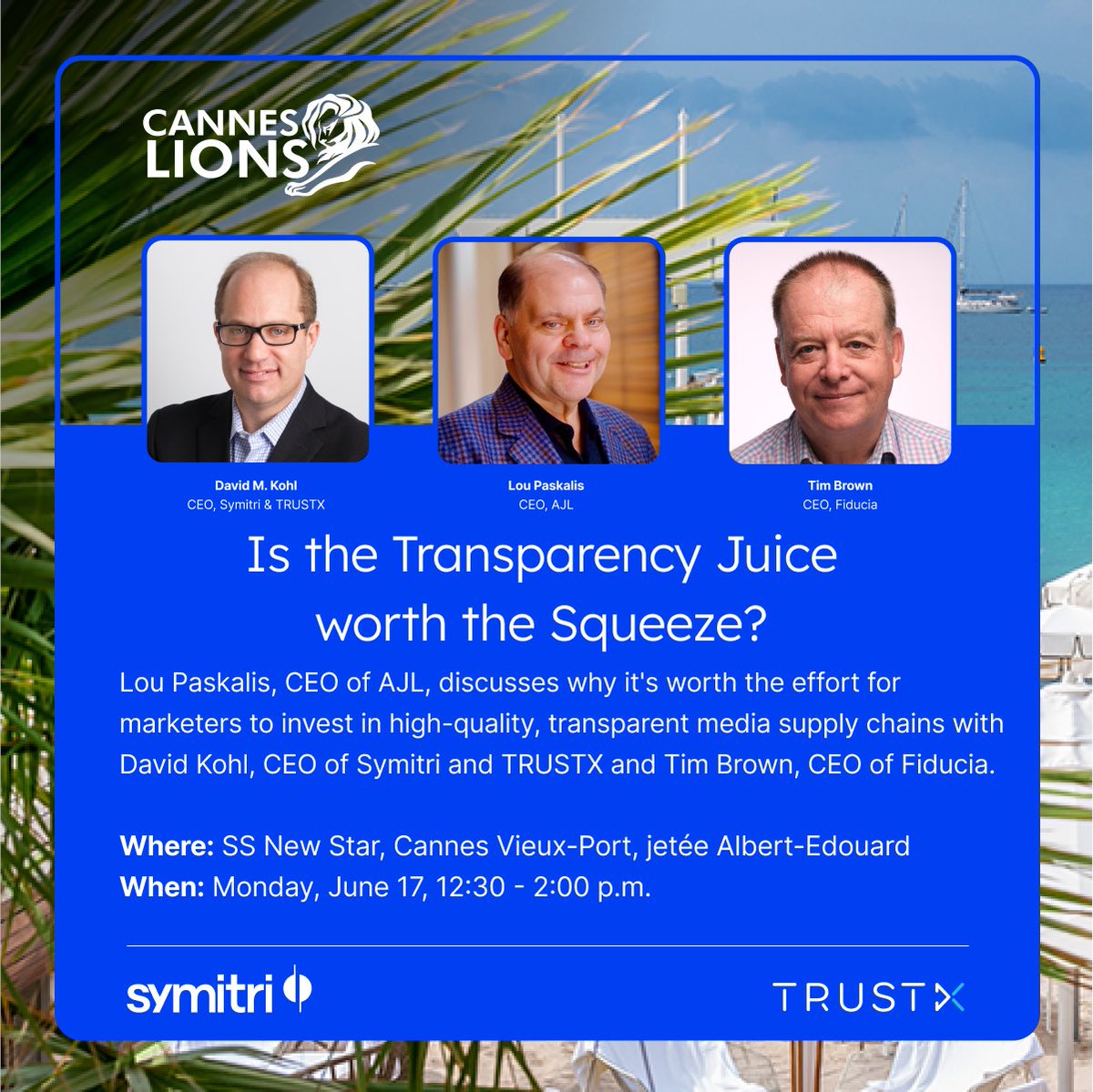 Join #Symitri &amp; <a href="/TrustXads/">TRUSTX</a> as we launch Day One of #Cannes2024 with our friends from <a href="/ANAmarketers/">The ANA</a> <a href="/DltFiducia/">FIDUCIA</a> &amp; <a href="/tag_today/">TAG</a>. Don't miss out on mimosas, brunch and an engaging debate on whether the transparency juice is truly worth the squeeze.

fiducia.eco/ana-tag-trustn…