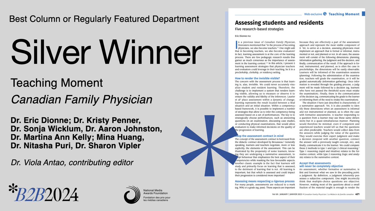 🎉 Congrats to the <a href="/CFPJournal/">Canadian Family Physician</a> team! <a href="/ProfDionne/">ProfDionne</a>, <a href="/KristyPenner/">Kristy Penner</a>, Dr. Sonja Wicklum, Dr. Aaron Johnston, Dr. Martina Ann Kelly, Mina Huang, Dr. Nitasha Puri, Dr. Sharon Vipler are the Silver-winning writers of "Teaching Moment." #NMAB2B24