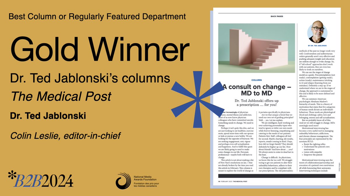 National Magazine Awards: B2B 🇨🇦 (@nma_b2b) on Twitter photo 🎉 Congratulations to <a href="/MedicalPost/">The Medical Post</a> on winning Gold at #NMAB2B24 for Best Column or Regularly Featured Department! Dr. Ted Jablonski's columns are informative and impactful. Well done! 🩺 🎉 Congratulations to <a href="/MedicalPost/">The Medical Post</a> on winning Gold at #NMAB2B24 for Best Column or Regularly Featured Department! Dr. Ted Jablonski's columns are informative and impactful. Well done! 🩺