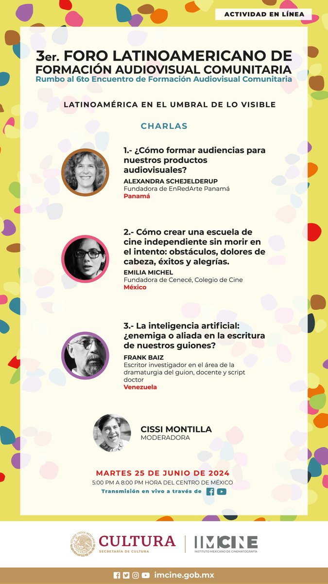 3er Foro Latinoamericano de Formación Audiovisual: Latinoamérica en el umbral de lo visible.

Rumbo al 6to Encuentro de Formación Audiovisual Comunitaria | 📅24 y 25 de junio 

8 países invitados: Colombia, Costa Rica, Panamá, México, Chile, El Salvador, Ecuador y Venezuela.