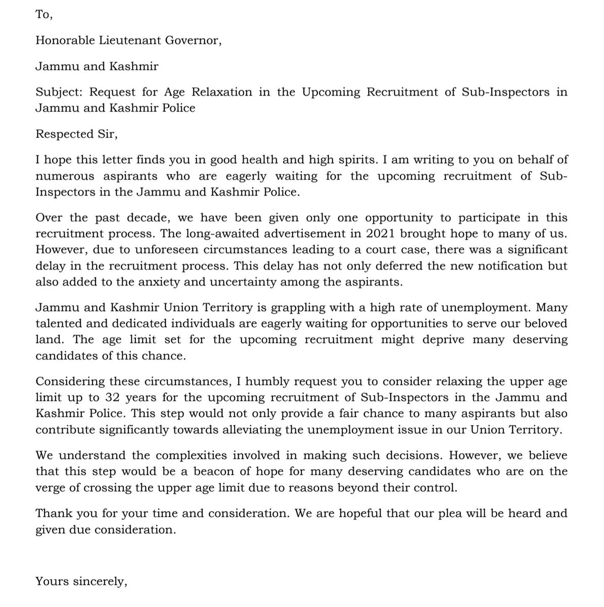 In light of the upcoming JKPSI exams, we urge the authorities to consider implementing an age relaxation policy.
#AgeRelaxation 
#EqualityForAll