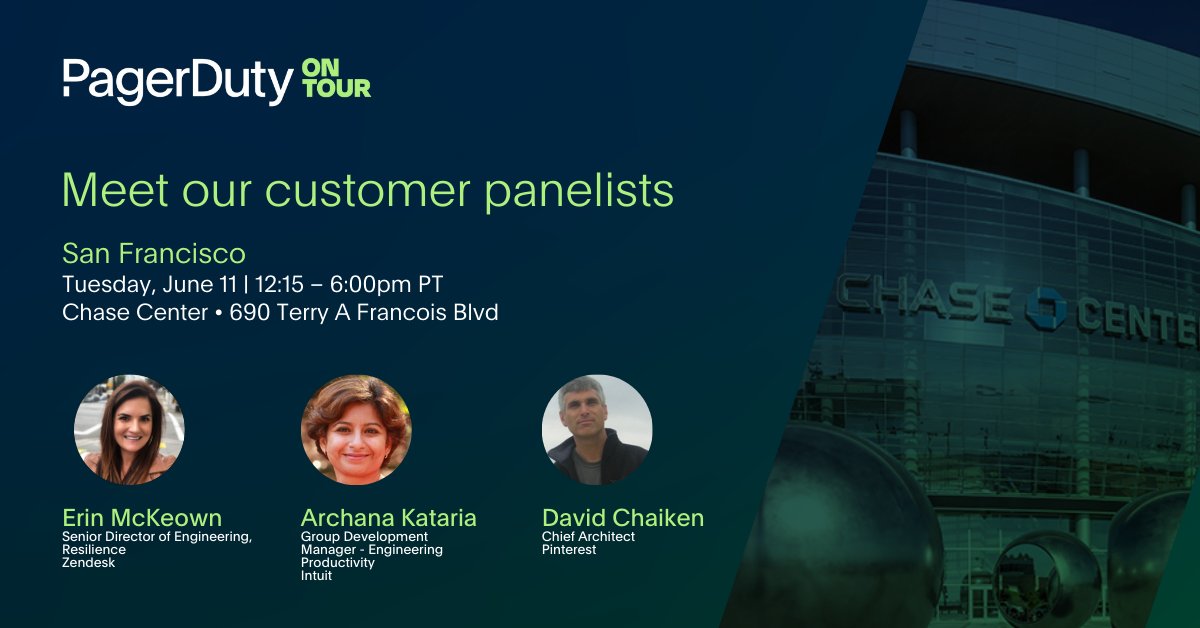 pagerduty's tweet photo. 🌟 Meet our incredible customer panelists for #PagerDutyOnTour San Francisco! Leaders from @Zendesk, Intuit and @Pinterest will take the stage to share how the PagerDuty Operations Cloud helps them achieve operational excellence at scale.

Register now ➡️ https://t.co/EjWqcIdMG0 https://t.co/RSxwj1gQK7