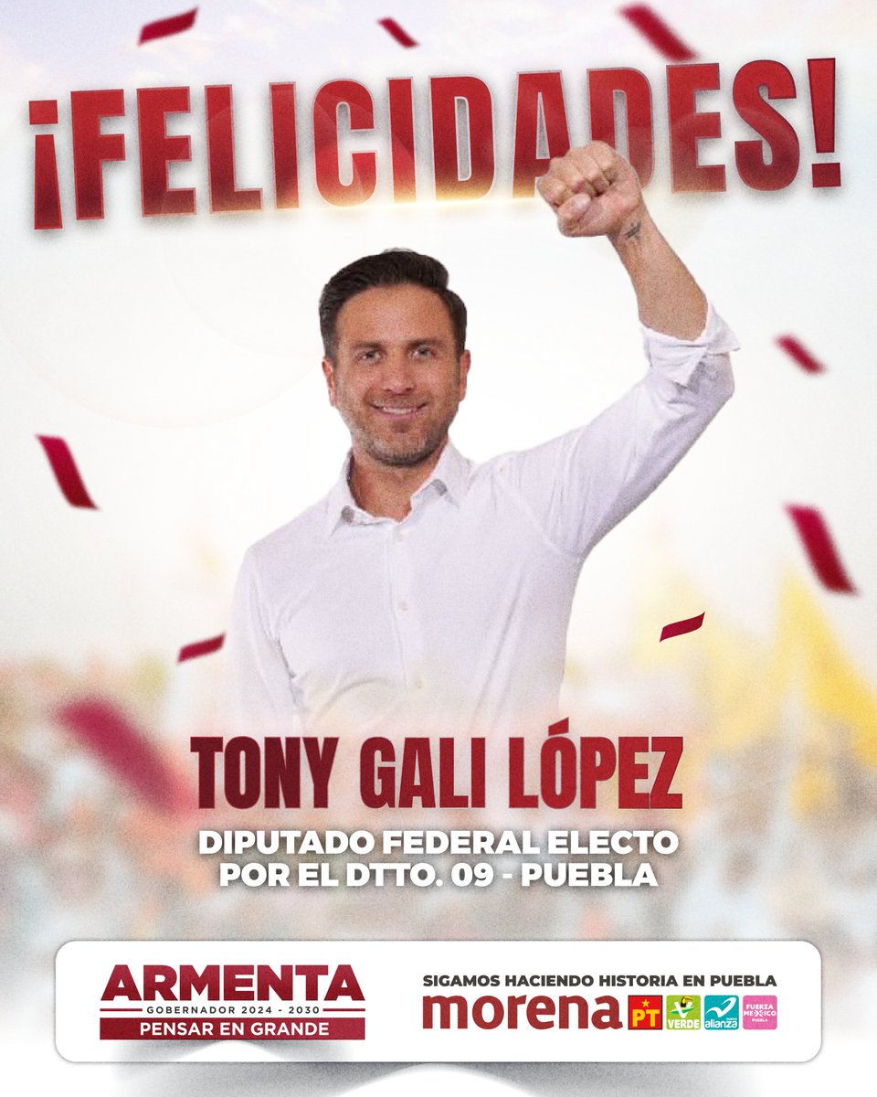 ¡Felicidades, estimado <a href="/TonyGaliLopez/">Tony Gali Lopez</a>! Te mando un abrazo por tu victoria en la diputación federal por el Dtto. 9 de Puebla. Estoy seguro de que con la #FamiliaVerde seguiremos trabajando por el bienestar de las familias y el cuidado del medio ambiente.