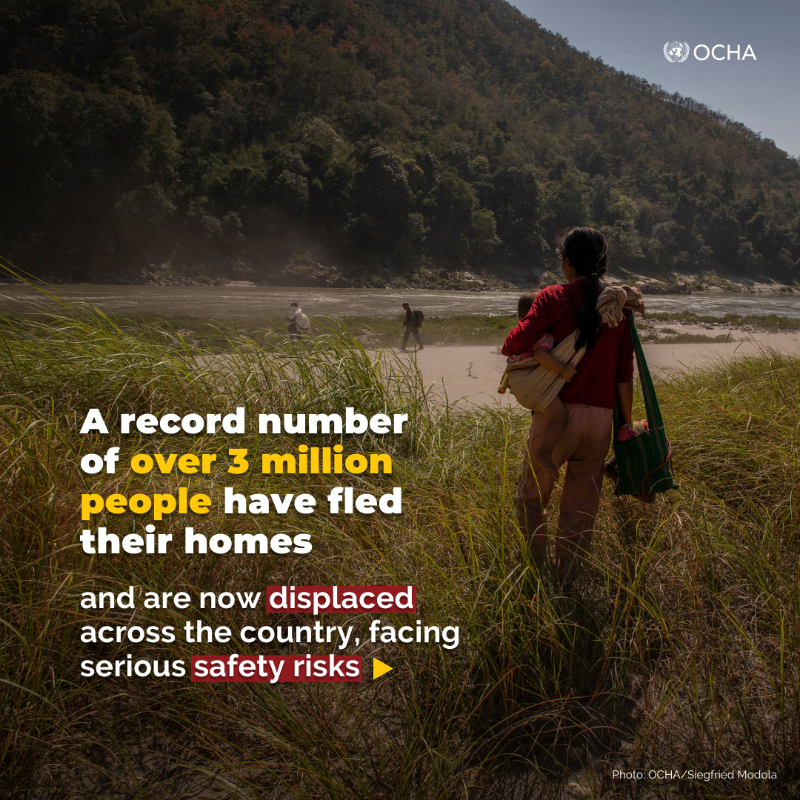 UNOCHA's tweet photo. Three years on from the military takeover, the humanitarian situation in #Myanmar is grim, with 1/3 of the population in need of aid.

Widespread conflict is driving surging displacement, posing grave safety risks, limiting access to basic services and causing severe hunger. 👇