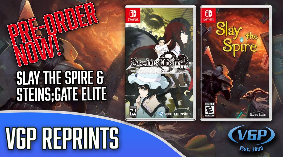 VideoGamesPlus_'s tweet photo. Preorders are live on our latest two #VGPReprints for the #Nintendoswitch!
Slay the Spire $39.99 / 29.99 USD
Steins;Gate Elite $54.99 / 39.99 USD
Reserve: https://t.co/zLptOWwS6y
ETA: June 2024.
Enjoy Free Shipping when you spend $80 / 60 USD
#VGP #NSW #videogames