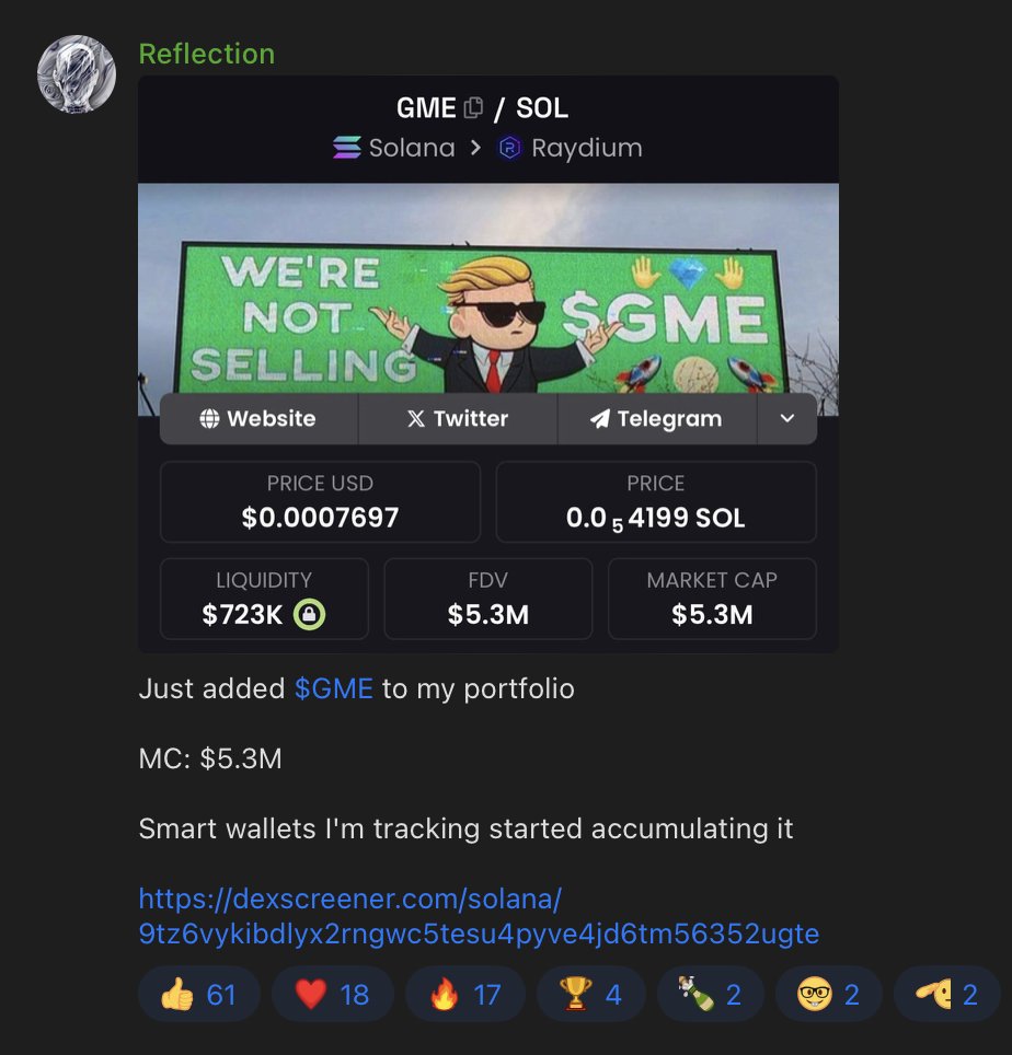 0xReflection's tweet image. 4/➮ I called $GME at $5.3M mcap

☩ Now it&apos;s trading at $178M (33x)

☩ Soon, I&apos;m planning to go private with my profile, so don&apos;t forget to follow me and join my tg (link in bio) to not miss next 100x gems