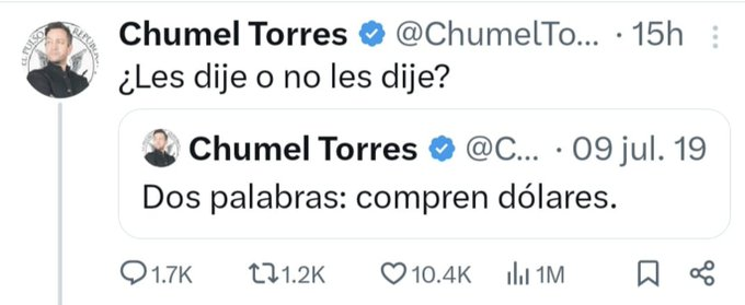 ZuritaCarpio's tweet photo. Cuando Chumel decidió comprar dólares  en junio de 2019 este costaba un poco más de 19 pesos. Está a 50 centavos de recuperar los 100 pesos que invirtió el pendejaXo. https://t.co/9IlcI3WBrD