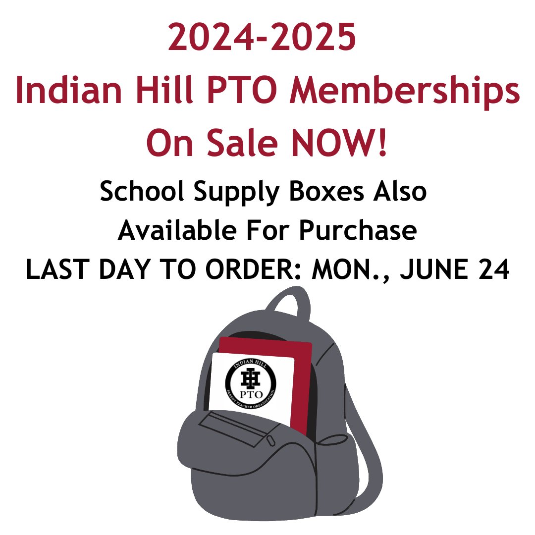 You can NOW purchase SCHOOL SUPPLIES and join PTO for NEXT YEAR. (You can also become a member without purchasing supplies.)

The LAST DAY to purchase School Supply Boxes is Mon., June 24.

Join and order at: indianhillpto.membershiptoolkit.com/form/m/279600

THANK YOU!
We're great because you're great!