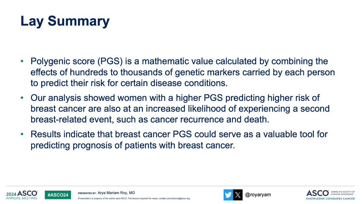 Arya Roy (@royaryam) on Twitter photo Honored to have presented our findings on “Polygenic Risk Score & BC Survival Outcomes” at #ASCO24! #breastcancer pts with higher PGS313 had increased risk of recurrence, invasive events & death! <a href="/RoswellPark/">Roswell Park</a> <a href="/RoswellHemOnc/">Roswell Park Hematology/Oncology Fellowship</a> <a href="/cambros1/">Christine Ambrosone</a> <a href="/KPDOR/">Kaiser Permanente Research NorCal</a> <a href="/ASCOPost/">The ASCO Post</a> <a href="/OncoAlert/">OncoAlert</a> <a href="/OncBrothers/">Oncology Brothers</a> Honored to have presented our findings on “Polygenic Risk Score & BC Survival Outcomes” at #ASCO24! #breastcancer pts with higher PGS313 had increased risk of recurrence, invasive events & death! <a href="/RoswellPark/">Roswell Park</a> <a href="/RoswellHemOnc/">Roswell Park Hematology/Oncology Fellowship</a> <a href="/cambros1/">Christine Ambrosone</a> <a href="/KPDOR/">Kaiser Permanente Research NorCal</a> <a href="/ASCOPost/">The ASCO Post</a> <a href="/OncoAlert/">OncoAlert</a> <a href="/OncBrothers/">Oncology Brothers</a>