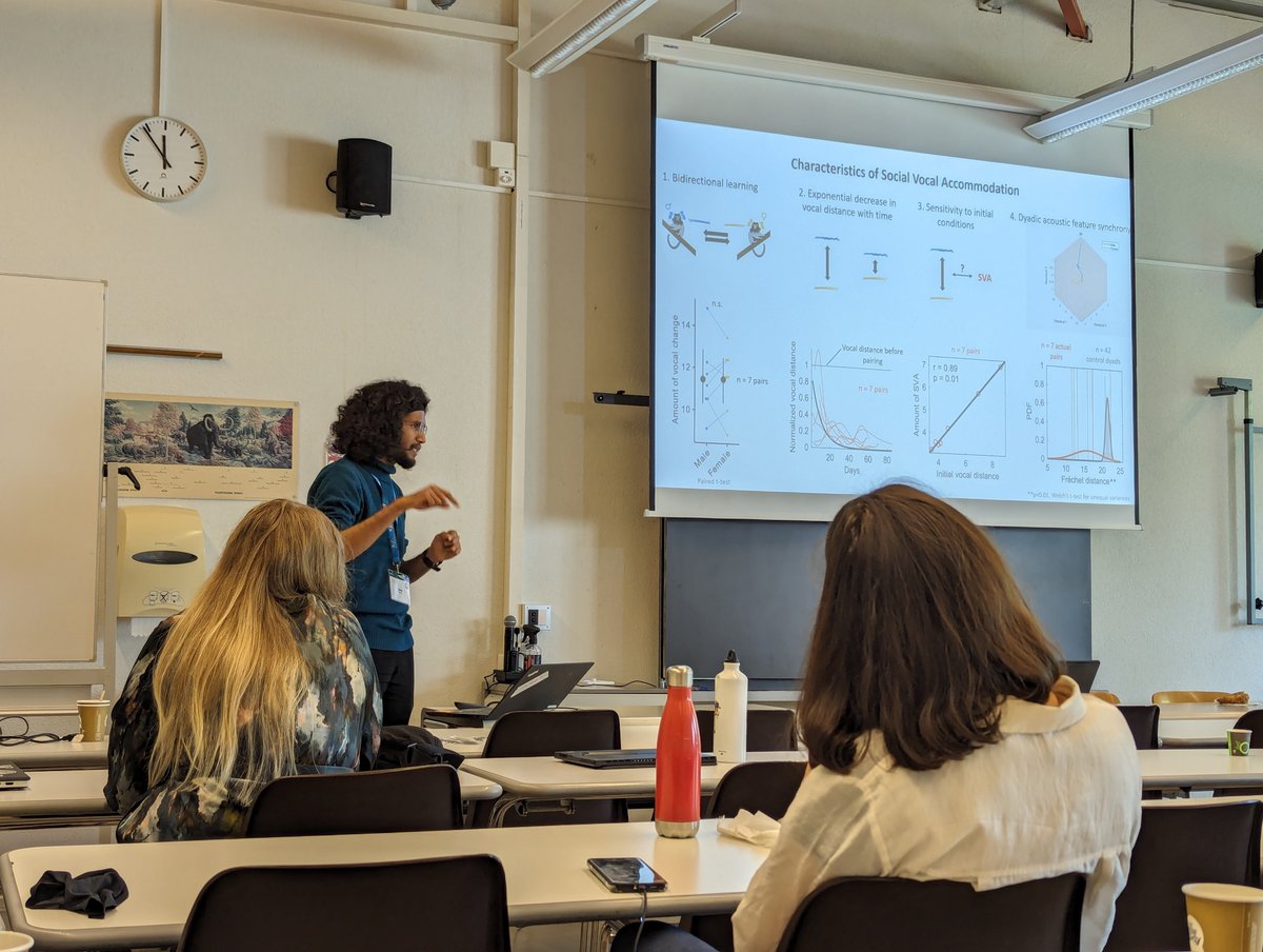 This morning we continued with 3 more talks: First up was <a href="/NikhilPhaniraj/">Nikhil Phaniraj</a> speaking about how machine learning and mathematical modelling can be two complementary approaches to better understand vocal convergence in marmosets!