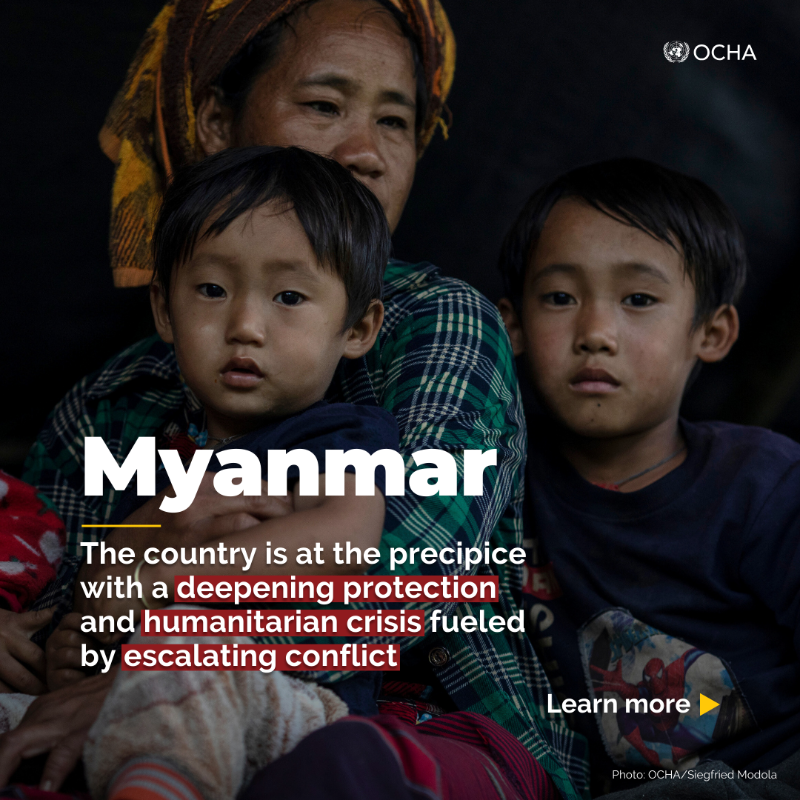 UNOCHA's tweet photo. Three years on from the military takeover, the humanitarian situation in #Myanmar is grim, with 1/3 of the population in need of aid.

Widespread conflict is driving surging displacement, posing grave safety risks, limiting access to basic services and causing severe hunger. 👇