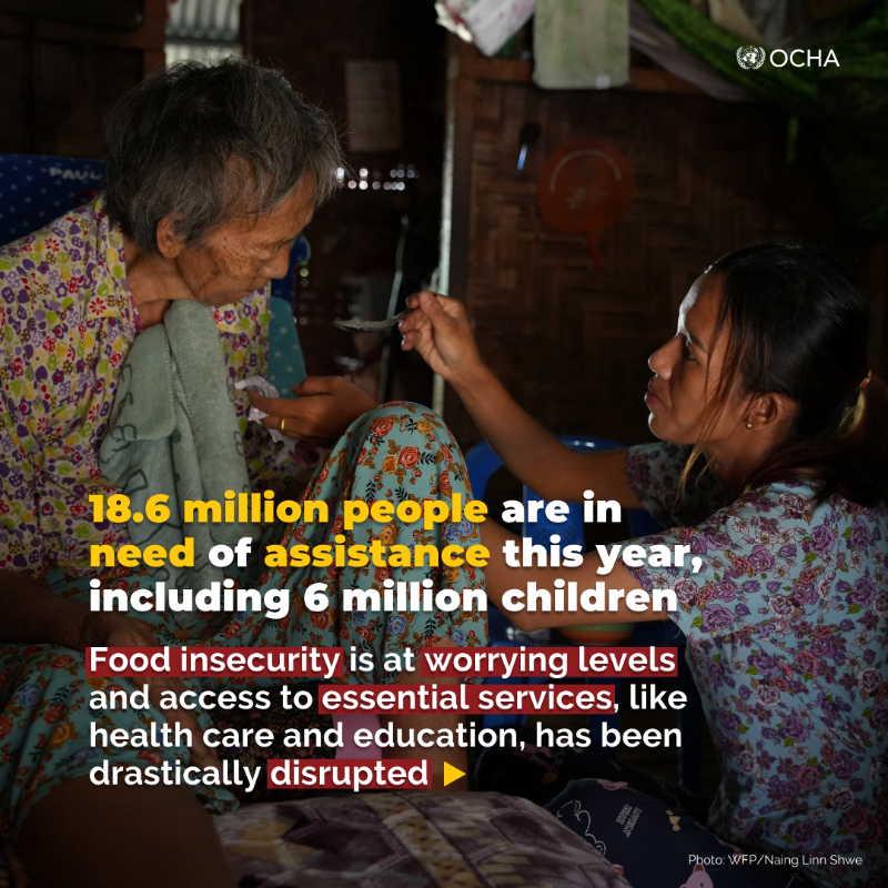 UNOCHA's tweet photo. Three years on from the military takeover, the humanitarian situation in #Myanmar is grim, with 1/3 of the population in need of aid.

Widespread conflict is driving surging displacement, posing grave safety risks, limiting access to basic services and causing severe hunger. 👇