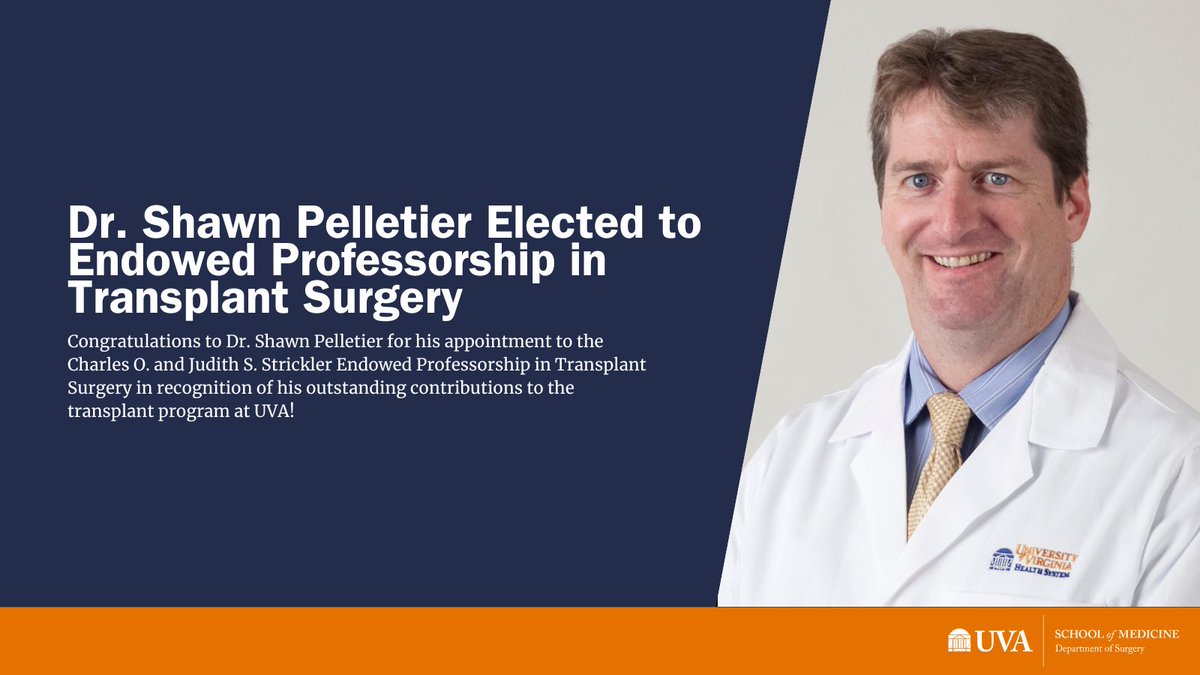 UVA Surgery (@uvasurgery) on Twitter photo Congratulations to Shawn Pelletier, MD for his election to the Charles O. and Judith S. Strickler Endowed Professorship in Transplant Surgery! <a href="/uvatransplant/">UVA Transplant Center</a> <a href="/MedicineUVA/">UVA School of Medicine</a> Congratulations to Shawn Pelletier, MD for his election to the Charles O. and Judith S. Strickler Endowed Professorship in Transplant Surgery! <a href="/uvatransplant/">UVA Transplant Center</a> <a href="/MedicineUVA/">UVA School of Medicine</a>