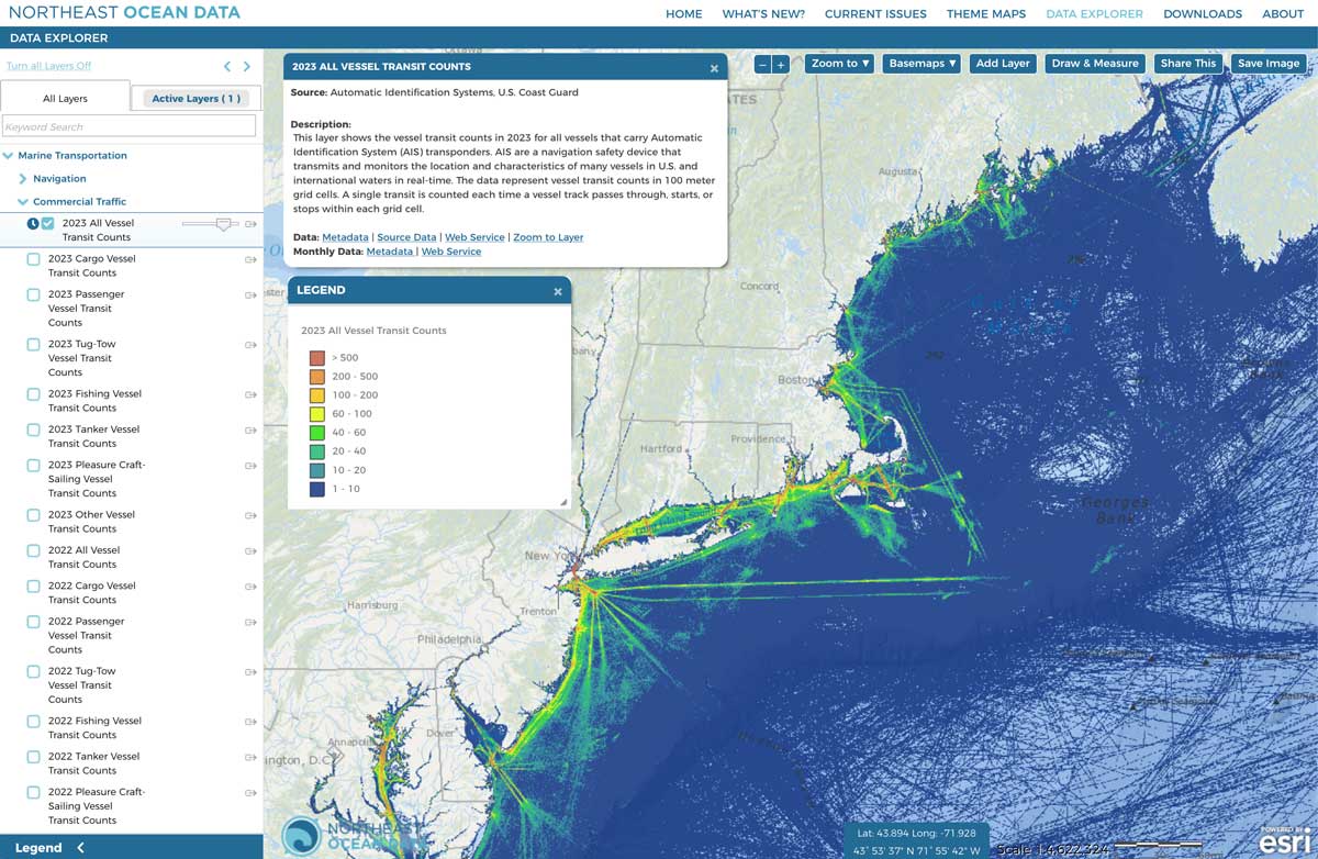 Vessel traffic and activity data for 2023 are now available on the Northeast Ocean Data Portal. northeastoceandata.org/new-2023-vesse… Developed in collaboration with Marine Cadastre and <a href="/USCG/">U.S. Coast Guard</a> <a href="/USCGNortheast/">USCGNortheast</a>