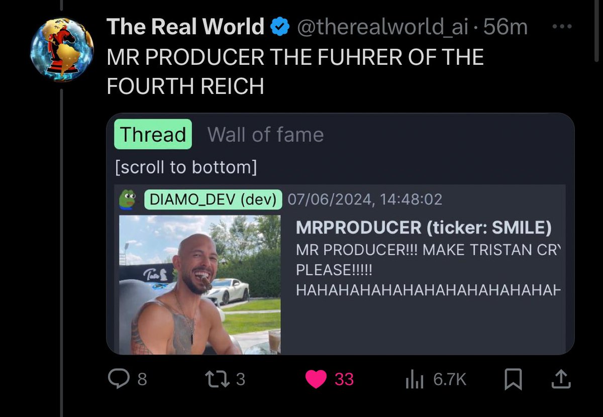 NotZack_Morris's tweet photo. @Cobratate 1000 retweets if @therealworld_ai shills things that go to 14k

4vg89fDH9Xb6BAunsZDBABdfqWYeobVKZ5pDZA3Wpump https://t.co/RAvFHd2vyd