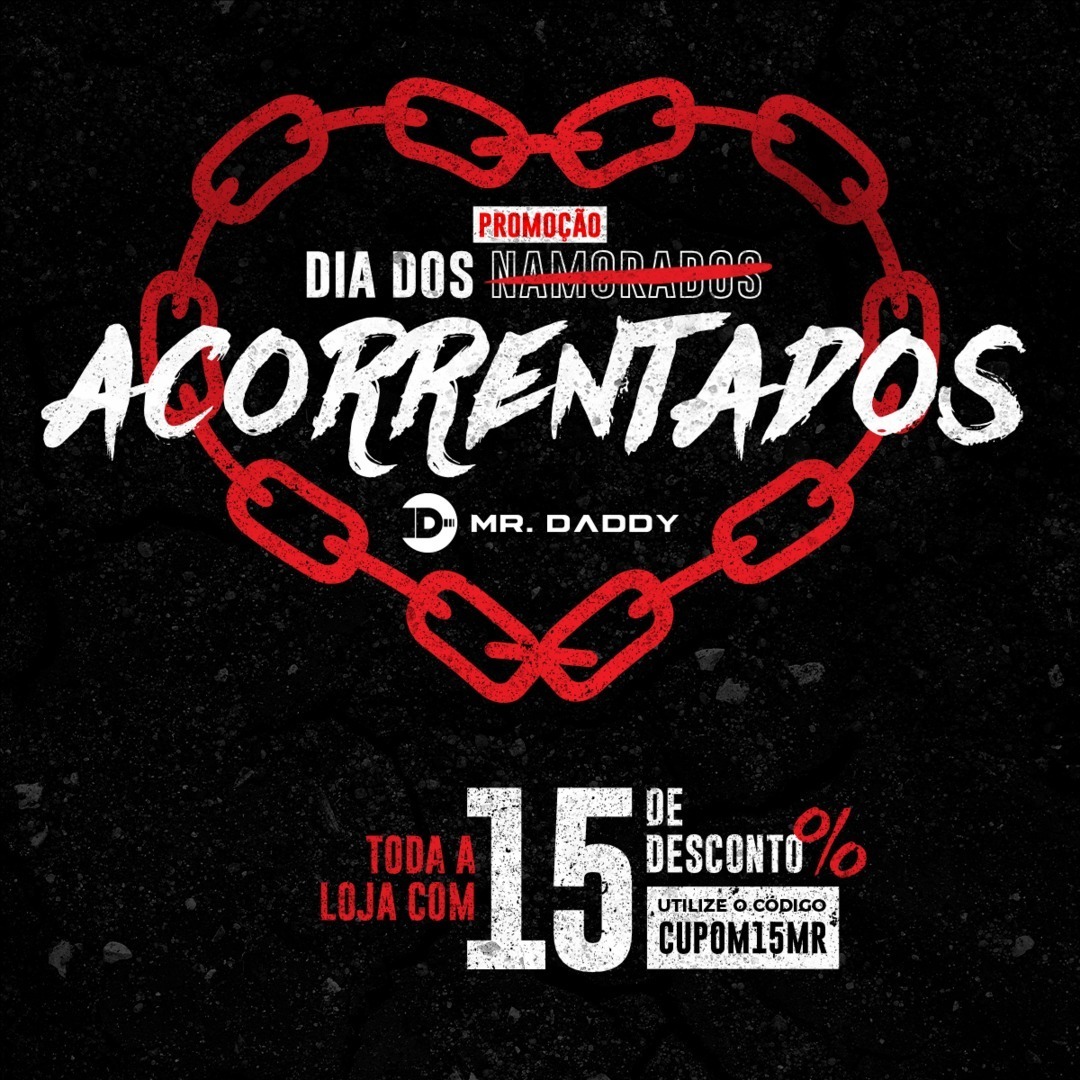 Não perca nossa promoção de Dia dos Acorrentados, ops... dos Namorados. Estamos disponibilizando um cupom com 15% de desconto em toda loja, pra ajudar você e seu(s) parceiro(s) a curtirem essa data com o máximo de putaria com o melhor preço.
⠀
mrdaddy.com.br