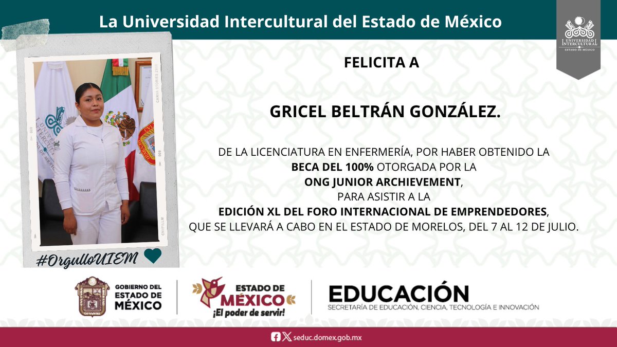 UIEMOficial's tweet image. La Universidad Intercultural del Estado de México, felicita y reconoce el arduo trabajo de Gricel Beltrán González, por haber obtenido la beca del 100% otorgada por la ONG Junior Archievement para asistir a la Edición XL del Foro Internacional de Emprendedores.
 #OrgulloUIEM 💚