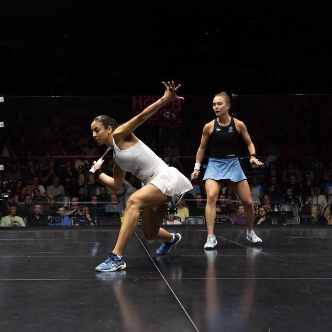 Hania El Hammamy and Tinne Gilis  in action at the British Open. 