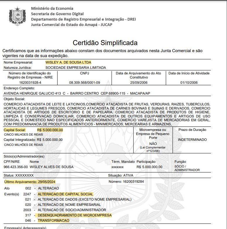 mauad_joao's tweet photo. Conforme o previsto, e de acordo com as informações da Junta Comercial do Amapá (👇), o capital social da grande vencedora do leilão de arroz foi realmente alterado, em 29/05/2024, apenas 7 dias antes do leilão, passando de R$80 mil para R$5 milhões. Como não houve a entrada de novos sócios, o aumento do capital foi realizado com recursos próprios do único sócio, sr. Wisley A. de Sousa. Palmas para ele 👏👏