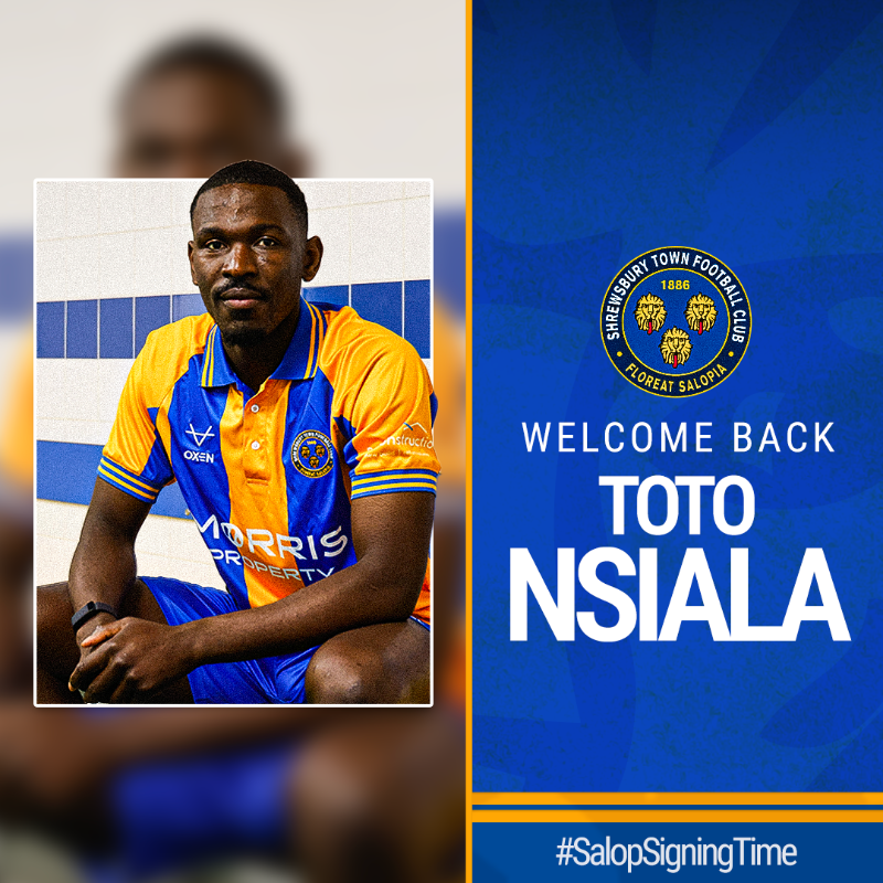 shrewsburytown's tweet photo. ✍️ He's back!!

🤩 Shrewsbury Town are delighted to announce the return of defender Toto Nsiala, who signs a two-year deal at the Croud Meadow!

Welcome back, Toto! 👇

#Salop 🔷🔶