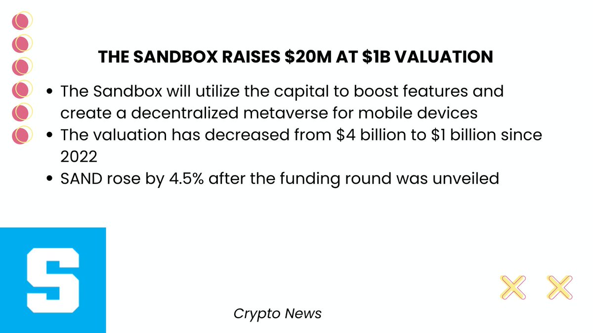 tamyresearch's tweet photo. The latest big investment has been announced. The Sandbox raised $20M at $1B value. 

 At the same time, SAND token rises 4.5%

💵💸🔦↘️
#sandbox #investment #sand #crypto https://t.co/ja2U9Rnyuv