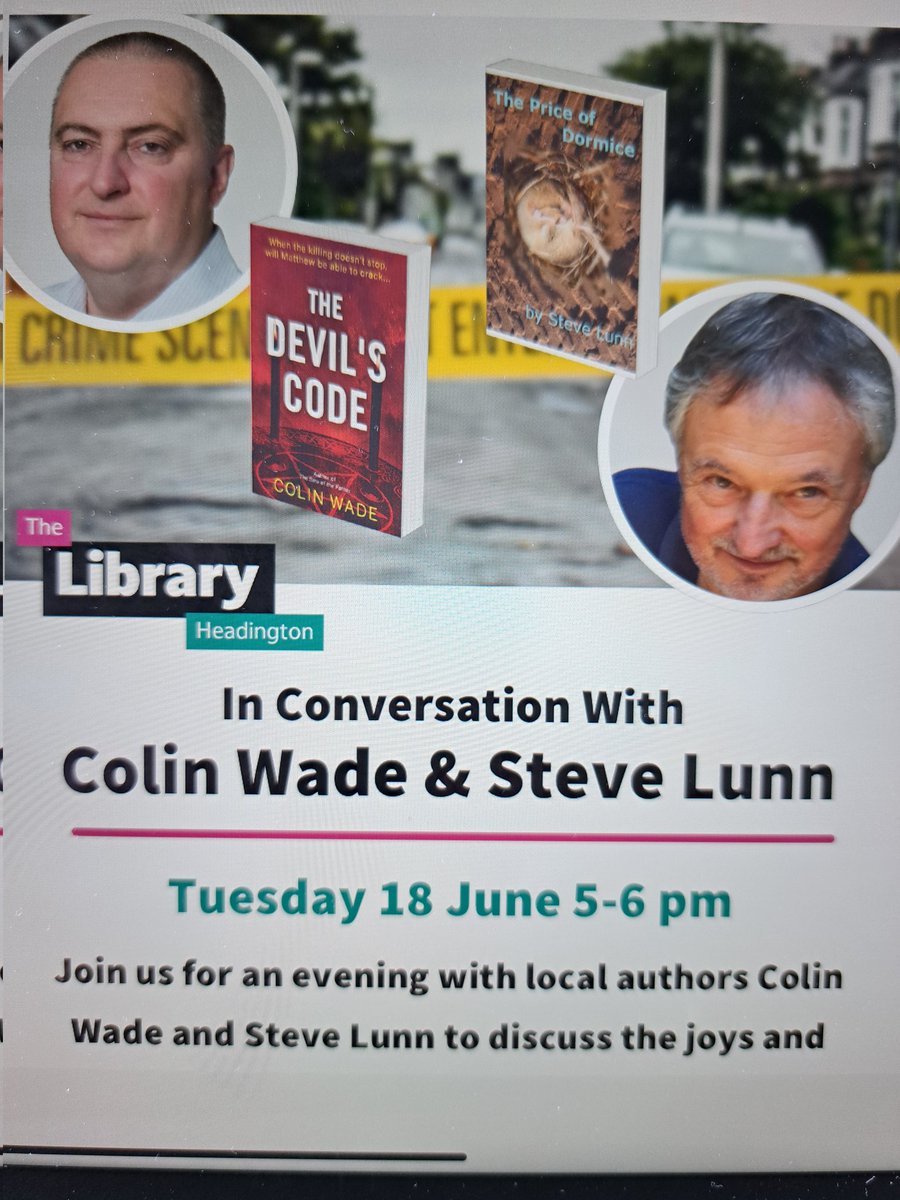 I will be doing a talk with fellow crime writer Steve Lunn on Tuesday 18th June from 5 to 6pm at Headington Library . If you would like to come you need to book a place either by emailing the library  headington.library@oxfordshire.gov.uk, calling them on 01865 762867 <a href="/BookGuild/">Book Guild</a>