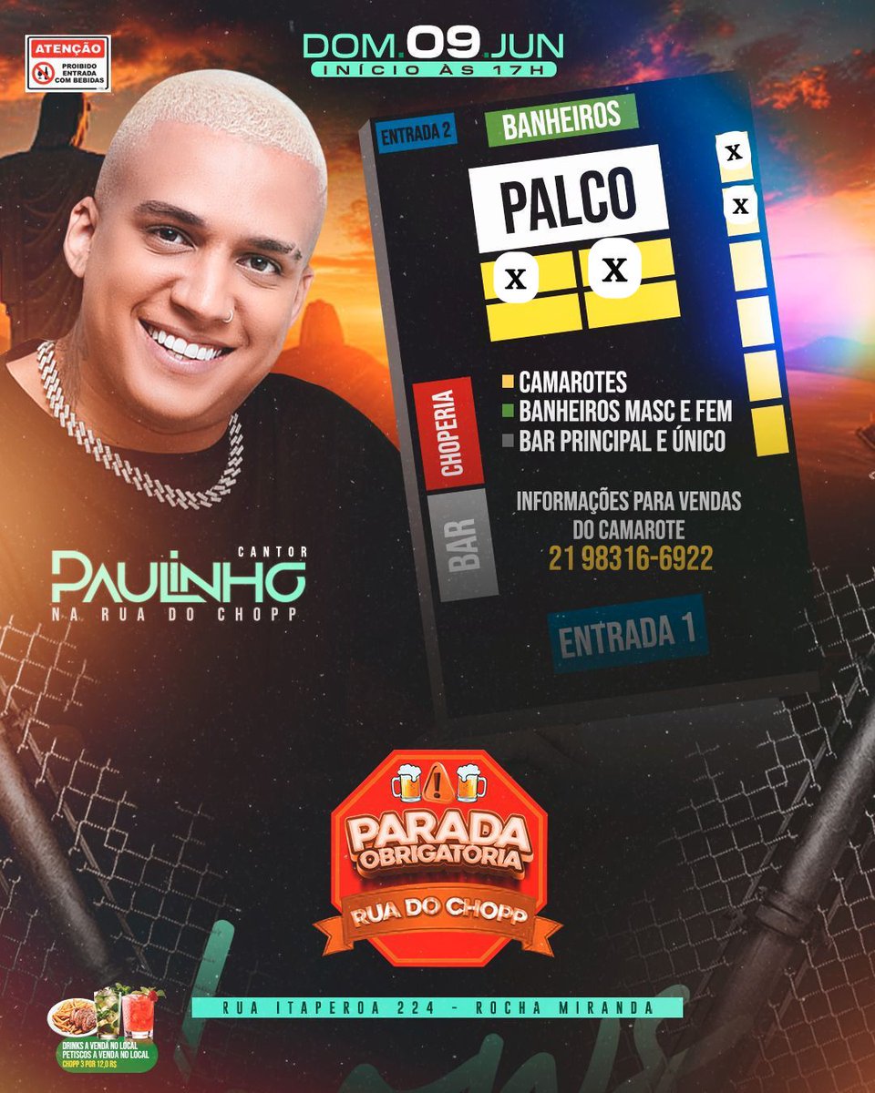 DIA 09/06 DOMINGÃO JÁ SABE NOSSO DESTINO NÉ? 
TE ENCONTRO NA RUA DO CHOPP, RODA DE SAMBA COM O GRUPO SEMELHANÇA PURA E CANTOR PAULINHO 🔥🎶💥
NOS INTERVALOS DJ PTK BOTANDO RITMINHO 💥🎶
ANOTA AI , E CHAMA AS AMIGAS 🥵🥳
🚫 PROIBIDA A ENTRADA DE BEBIDAS 
🚫BEBIDAS A VENDA NO LOCAL